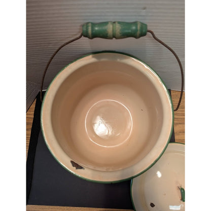 Vintage 1940's Cream Green Enamelware Pail Chamber Pot Slop Jar Wood Handle