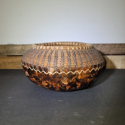 Artisan Handmade Gourd & Coiled Pine Needle Basket Bowl 6" Wide Rustic Southern