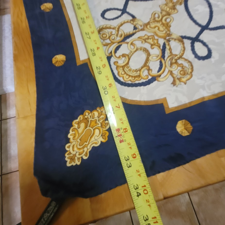 Vintage Italy Silk Scarf Navy Gold Tassel Equestrian Baroque Old Money Aesthetic