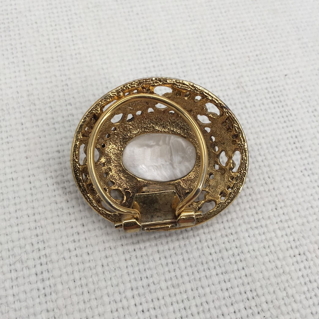 Vintage Estate Faux Pearl Brass Renaissance Brushed brass Tie Scarf brooch Clip