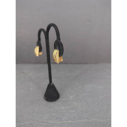 Vintage Damascene Style Gold Tone Bird Rectangle Clip On Earrings