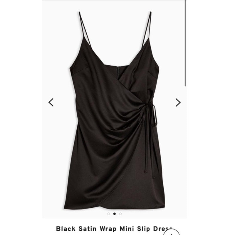 Topshop Black Satin Faux Wrap Spaghetti Strap Mini Dress Size 8