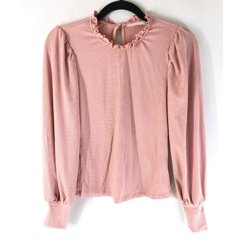 LUSH small ribbed long puff sleeve blouse top Mauve ruffle neck stretch light