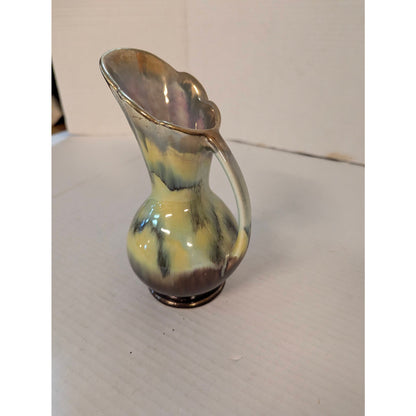 Vintage Art Deco Majolica Pitcher Ewer Vase Yellow Brown Drip Glaze 7"