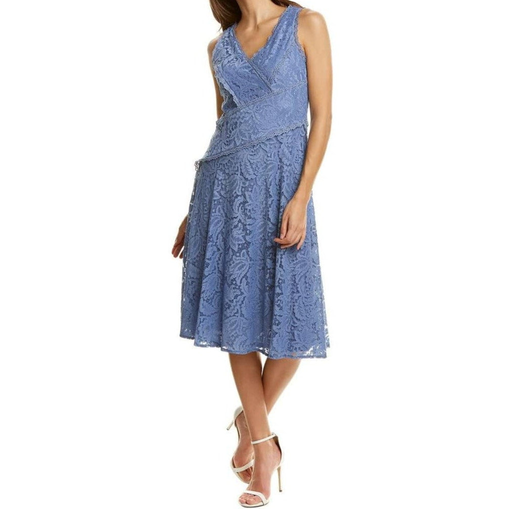 Taylor Sleeveless V-Neck Lace Midi Dress Size 10 in Azure Slate Blue NWT