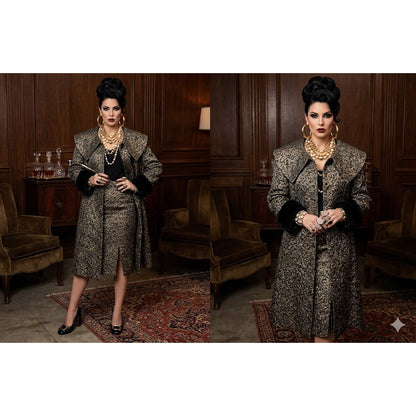 Vintage Sundays Nubiano Leopard Brocade Skirt Set Jacket Faux Fur Trim Glam 12