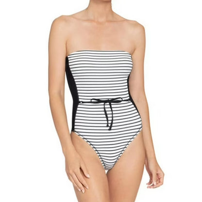 ROBIN PICCONE size 8 one piece Bandeaus Swim swimsuit black white striped NWT