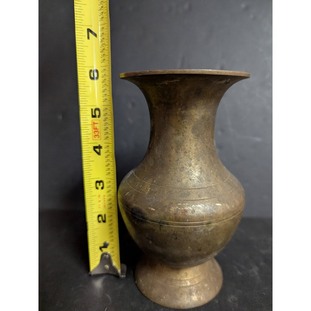 Antique 6" banded brass vase footed Patina flared neck round body Far East