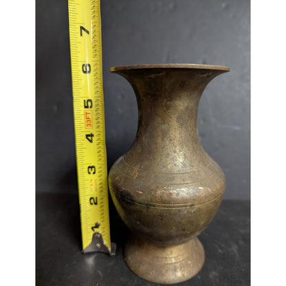 Antique 6" banded brass vase footed Patina flared neck round body Far East