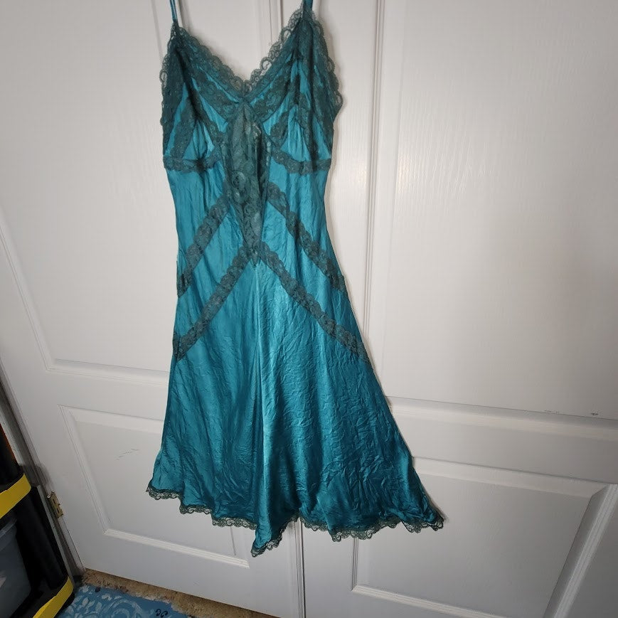 Vintage Turquoise Teal Silk Beaded Halter Slip Dress Size Medium