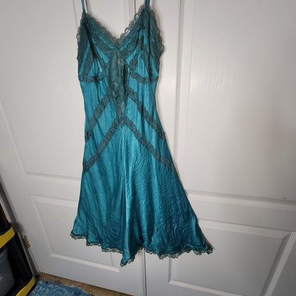 Vintage Turquoise Teal Silk Beaded Halter Slip Dress Size Medium