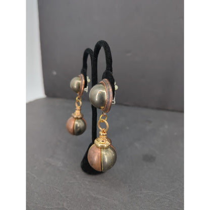 Vintage Pearl Cabochon Bead Orb Drop Clip On Earrings Gold Tone Retro Glam 1980s