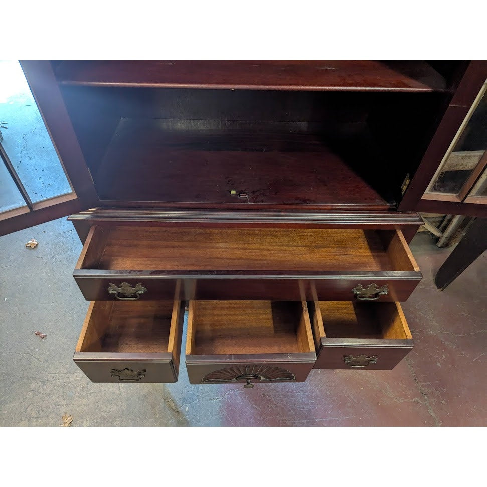 Secondhand Sandies: Vintage Mahogany Top Highboy Cabinet Queen Anne Fan Carved Glass Display