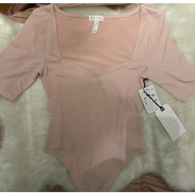 Leith Slim Bodysuit Long Sleeve Scope Neck Snap Closure blush pink Medium NEW