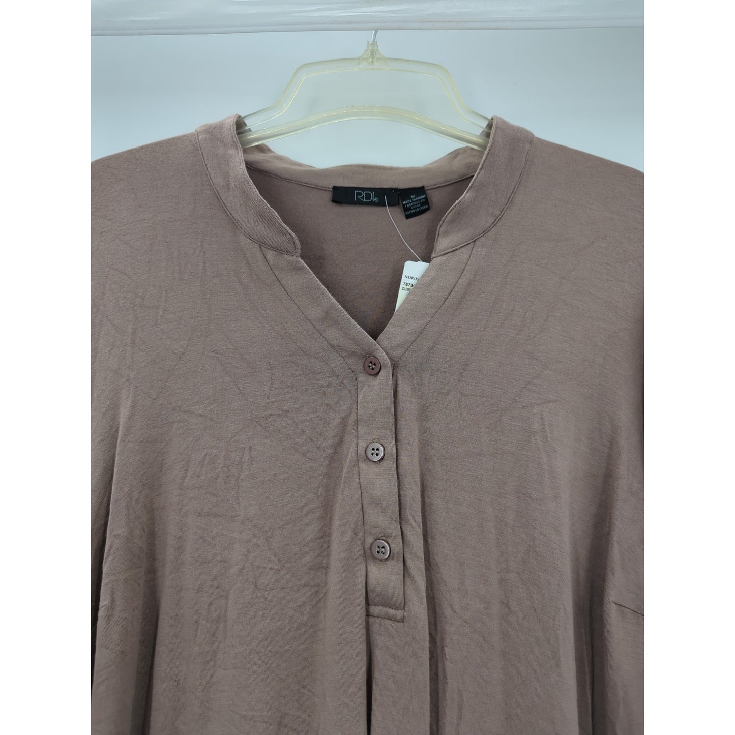RDI Women's NWT Size 1X Mocha Brown Henley Long Sleeve Tunic Blouse