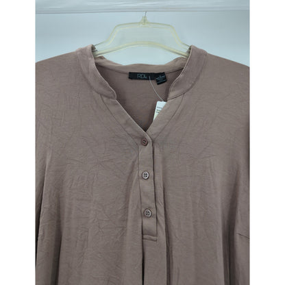 RDI Women's NWT Size 1X Mocha Brown Henley Long Sleeve Tunic Blouse