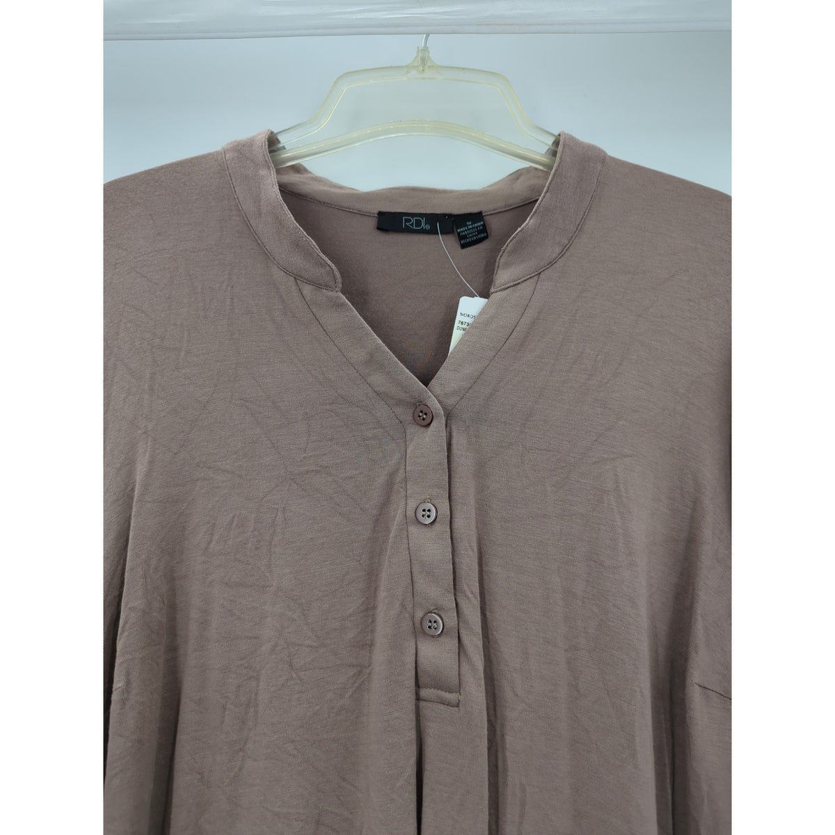RDI Women's NWT Size 1X Mocha Brown Henley Long Sleeve Tunic Blouse