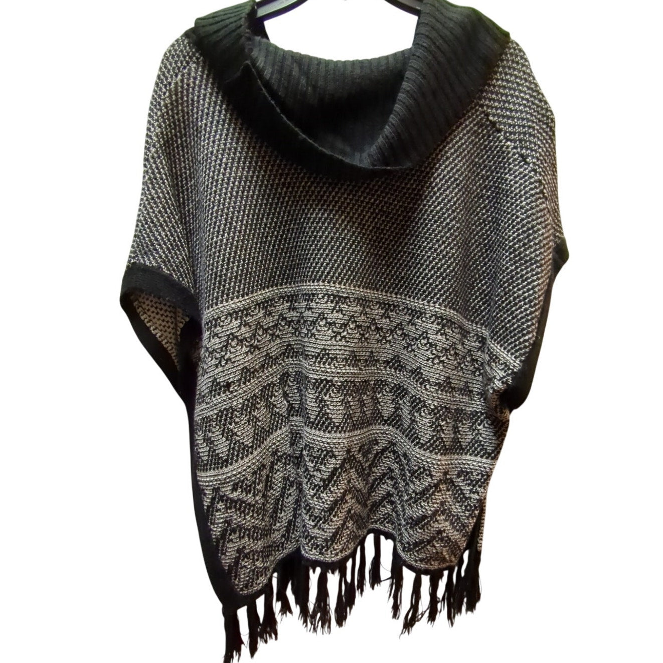 Faded Glory Boho Fair Isle Fringe Poncho Sweater Cowl Neck Large Gray Y2K Retro