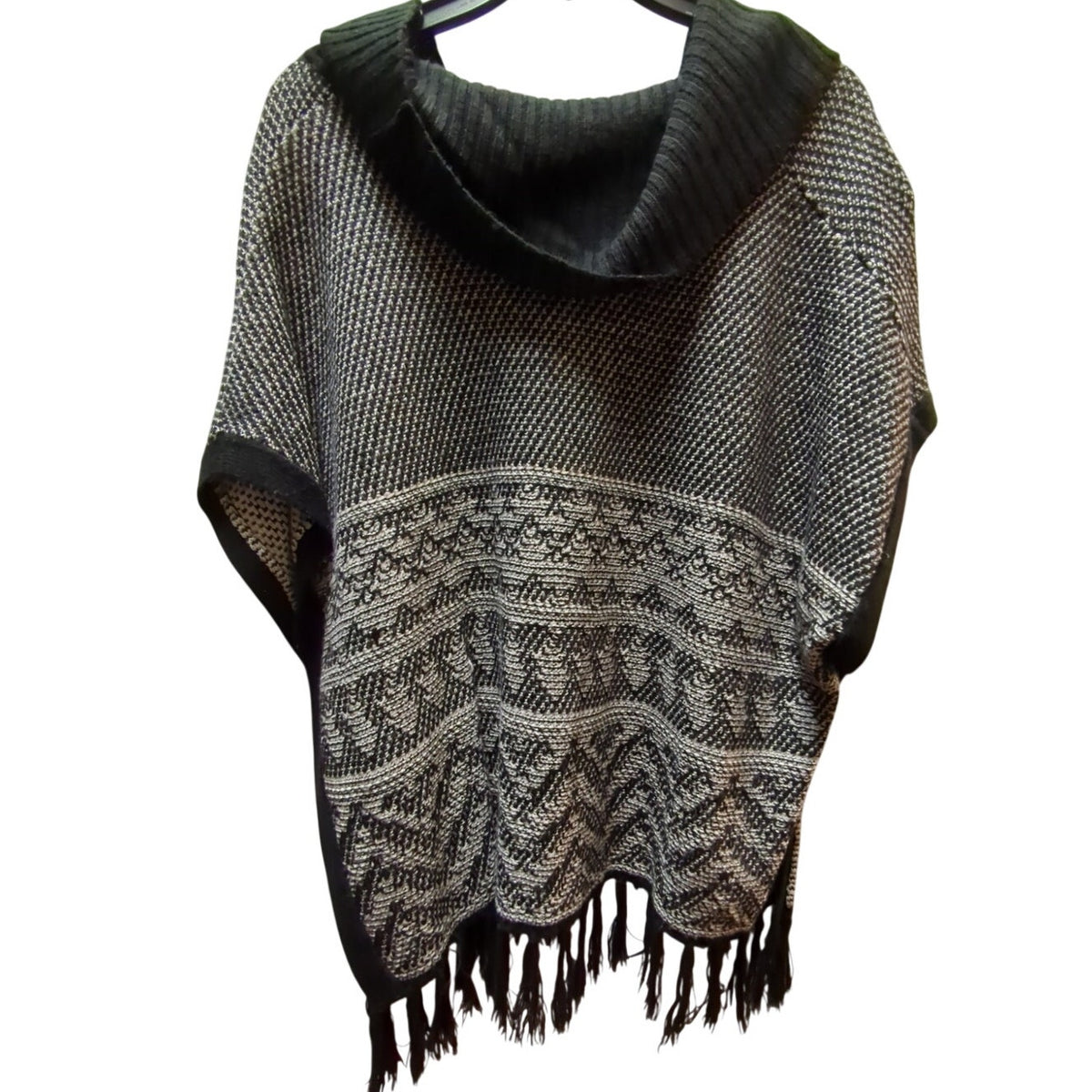 Faded Glory Boho Fair Isle Fringe Poncho Sweater Cowl Neck Large Gray Y2K Retro