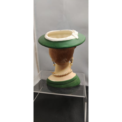 Vintage 1950s Redhead Lady Head Vase Planter Green Hat Collectible Kitsch
