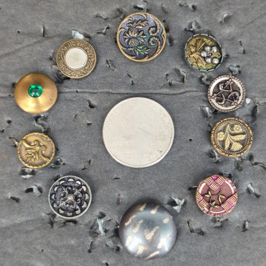 LOT NN of 10 Antique Vintage Victorian Brass Mixed Materials Buttons ESTATE FIND