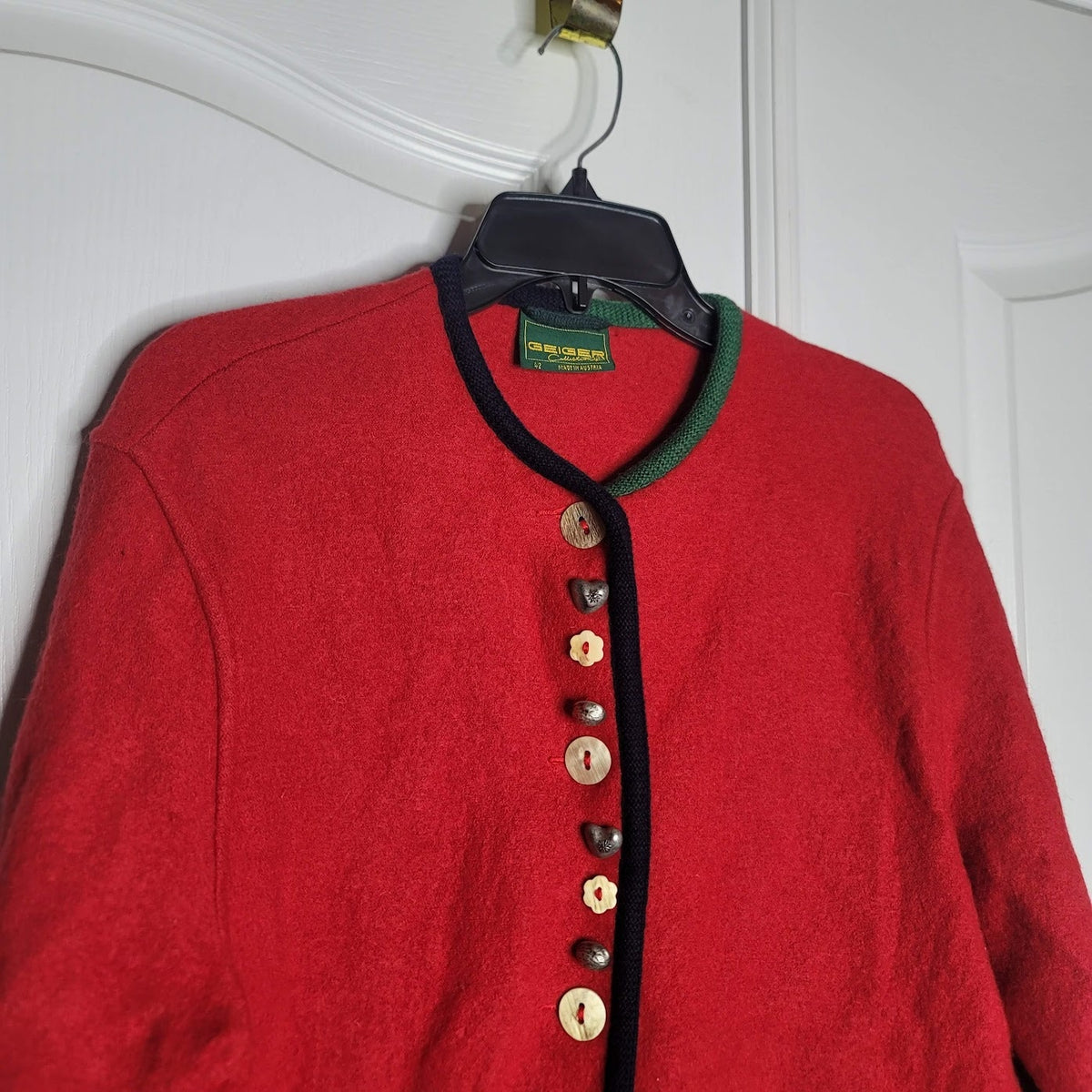 Geiger Tyrolean Sz 42 Austria Cardigan Felted red Wool Jacket Buttons Embroidery