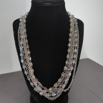 LOFT Silver Multi Strand Necklace Blue Beaded Layered Chain Waterfall Choker 14"