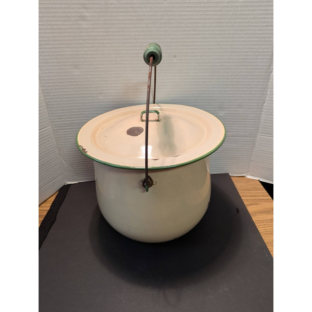 Vintage 1940's Cream Green Enamelware Pail Chamber Pot Slop Jar Wood Handle