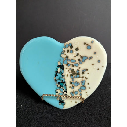Artist made fused glass heart soap dish trinket dish blue white and black footed