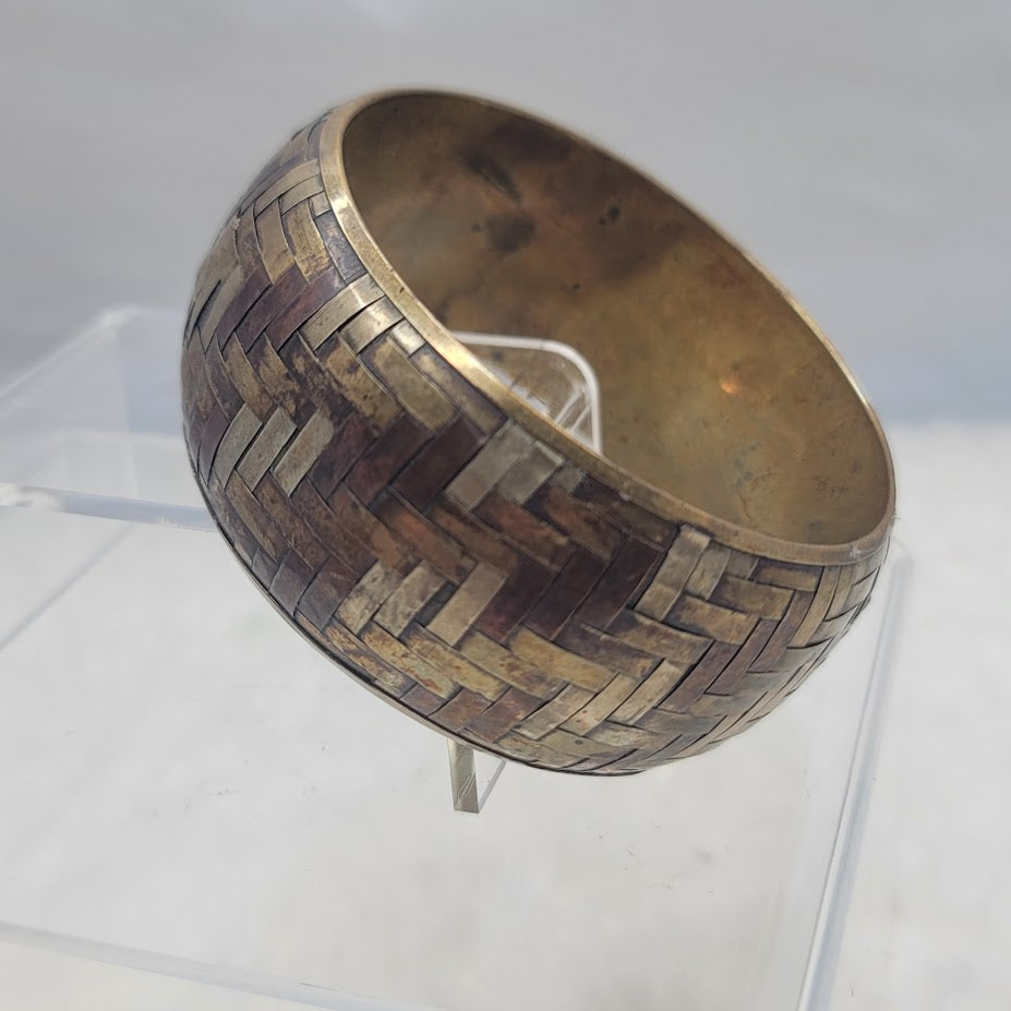 Vintage Mixed Metal Basketweave Bangle Bracelet Brass Copper Silver Tone