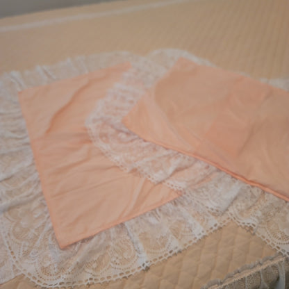 Vintage Peach double lace bottom skirt Coverlet & 2 matching Pillow shams queen