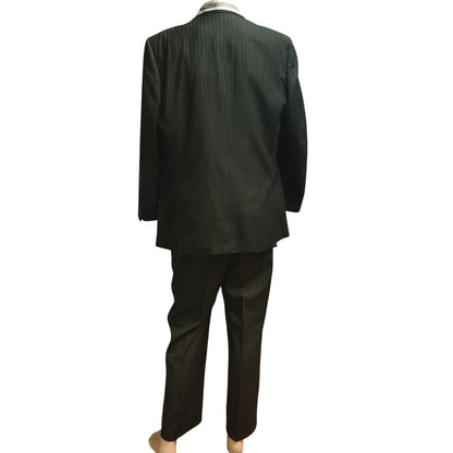 Vintage Vinci 4 pc Suit 40R Black Gray Pinstripe Jacket Vest Pants Necktie