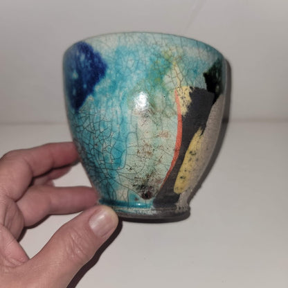 Handmade mini vase MCM cup 4" crazed underglaze Raku Studio Art Pottery Bowl