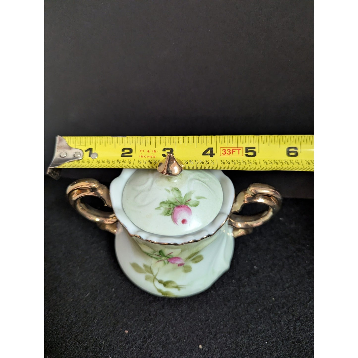 Vintage Lefton Green Rose Lidded Sugar Bowl Porcelain Gold Gilt 3066