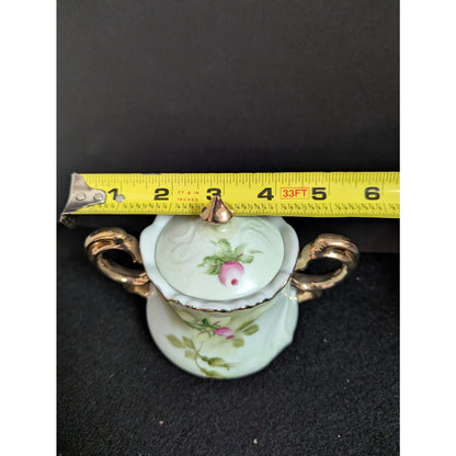 Vintage Lefton Green Rose Lidded Sugar Bowl Porcelain Gold Gilt 3066