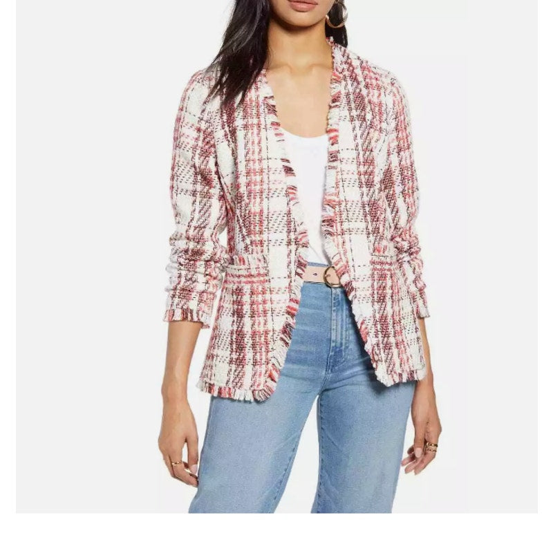 Halogen women new open front plaid tweed jacket LARGE  Ivory Coral career CASUAL