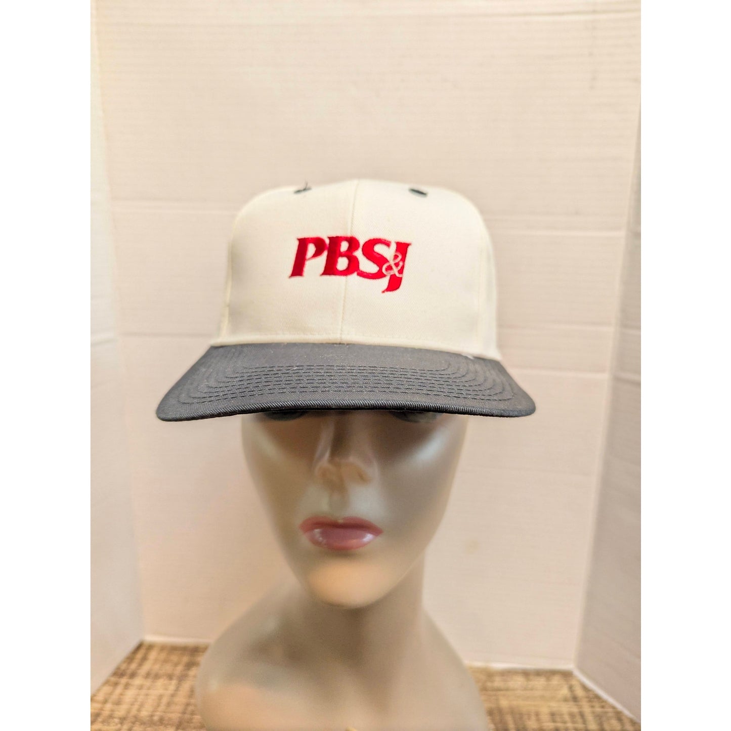 Vintage PBSJ White Gray Snapback Baseball Cap Hat Retro Y2K