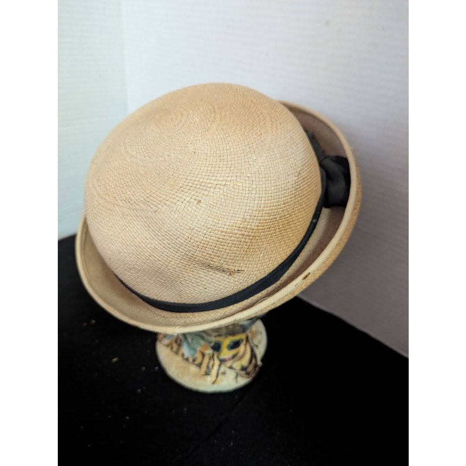 Imported Genuine Panama straw Vintage ladies HAT 40's 50's Breton roller ribbon