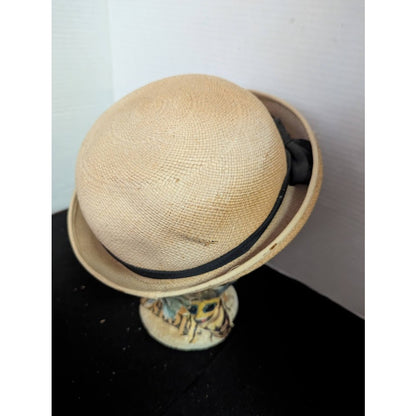 Imported Genuine Panama straw Vintage ladies HAT 40's 50's Breton roller ribbon