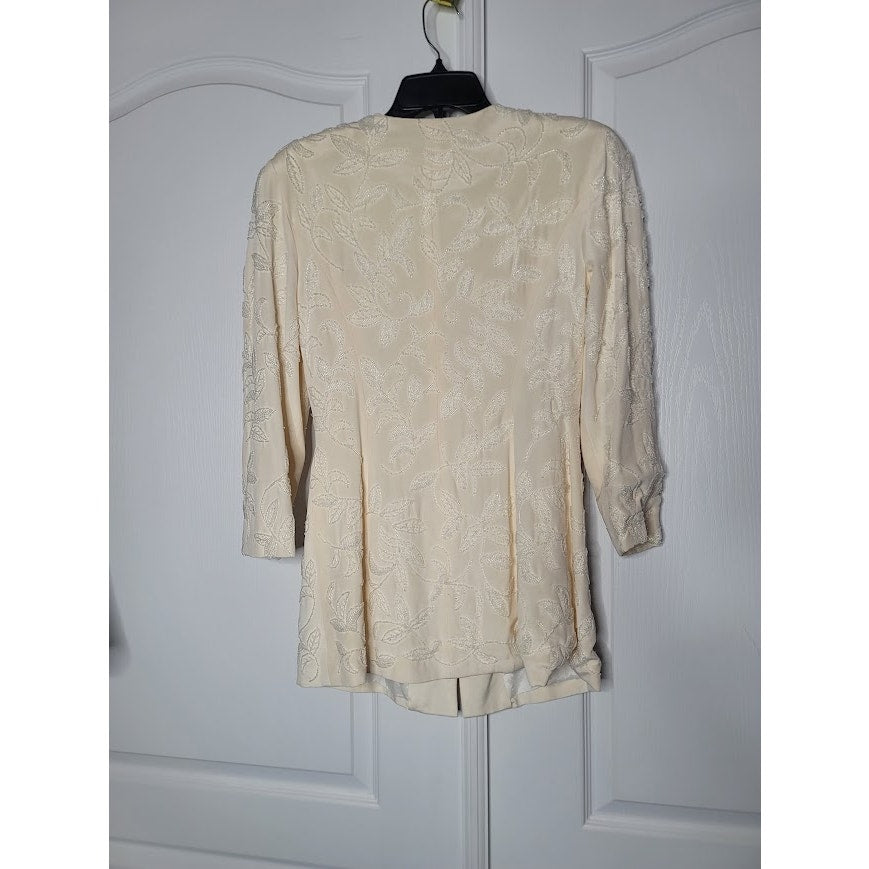 Vintage 90's Carmen Marc Valvo Size 8 SILK blazer clear glass beads leaf Cream