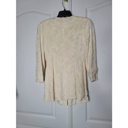 Vintage 90's Carmen Marc Valvo Size 8 SILK blazer clear glass beads leaf Cream