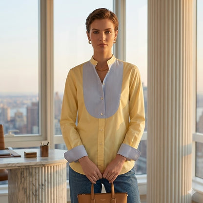 Lauren Ralph Lauren Yellow Tuxedo Shirt Striped Blue Bib NWT Cotton Blouse