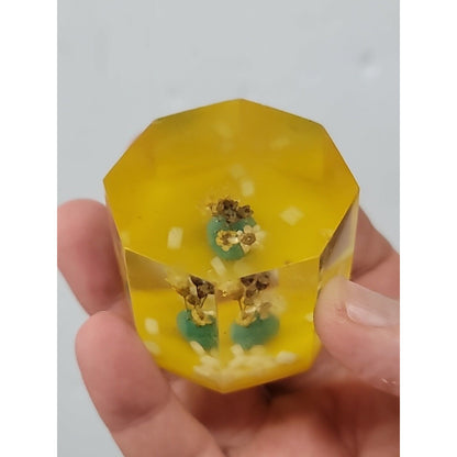 Vintage Facet Lucite Paperweight w/ Flowers Shell Inside