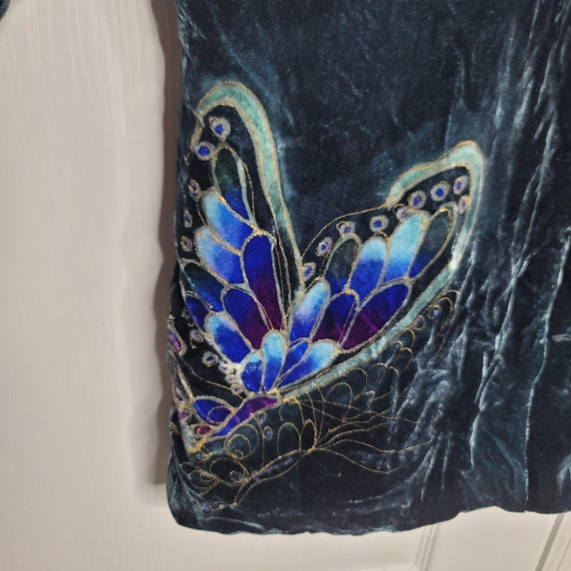 Vintage Chicos BOHO Emerald Green Butterfly Velvet Button Front Jacket 2 LARGE