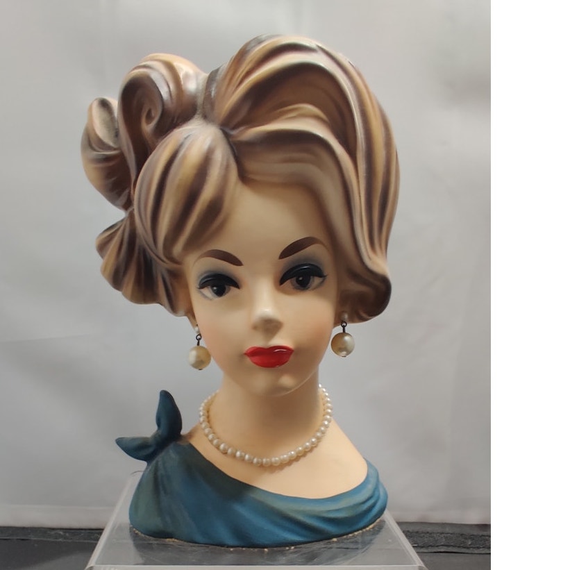 Vintage 1950s Blonde Lady Head Vase Planter Blue Dress Collectible MCM 7"