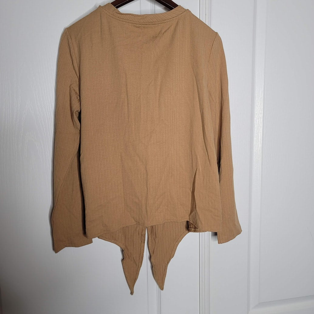 VELVET Heart Small Textured tan Waist Tie Blouse Top Long sleeve Faux button Up