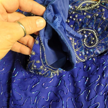 Stenay Vintage 80s Silk Sequin Beaded Knee High 6P Dress Electric Blue Cocktail