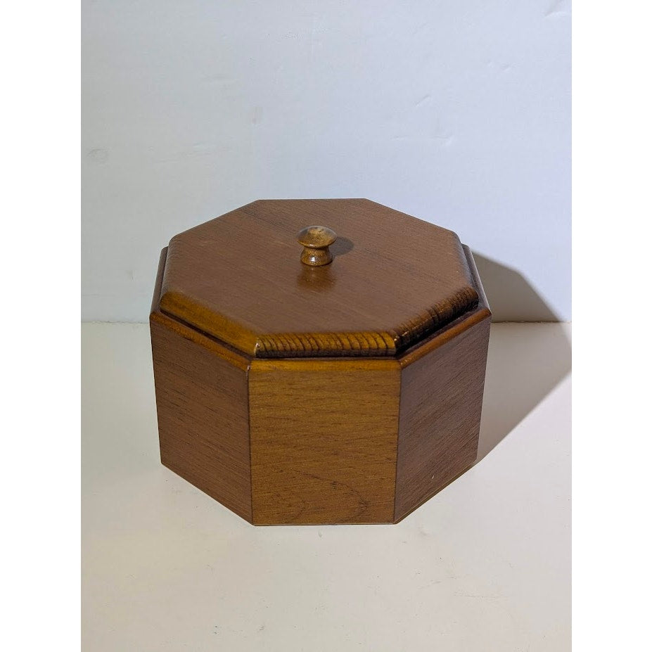 Vintage Octagonal Wooden Keepsake Box | Mid-Century Trinket Jar Vanity