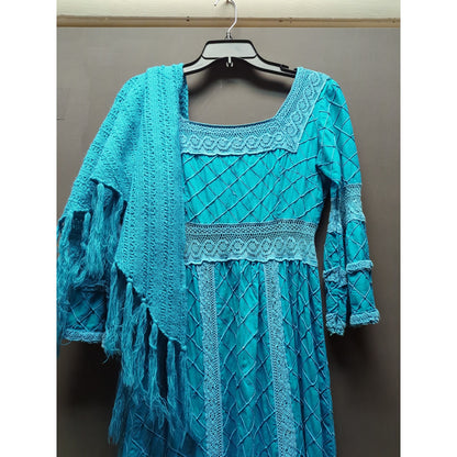 Vintage BOHO Teal Blue dress Maxi dress /Shawl Mexican Wedding Pintuck 2 pc Set