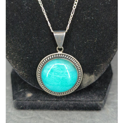 Vintage Sterling Silver Turquoise Cabochon Pendant Necklace Southwestern Boho